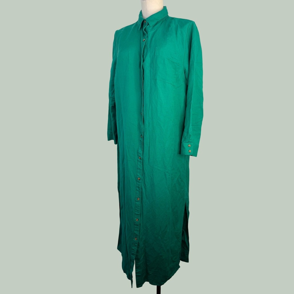 LOFT 14 Teal Green Long Sleeve Linen Blend Maxi Dress Button Down